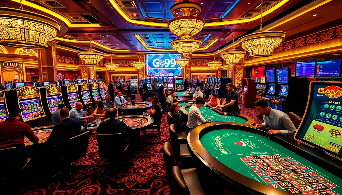 Exciting gaming action at Go99 casino with players engaged at tables and vibrant slot machines.