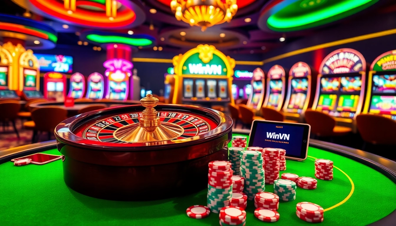 Experience thrilling online gaming at https://winvn.wiki with colorful poker chips and roulette excitement.