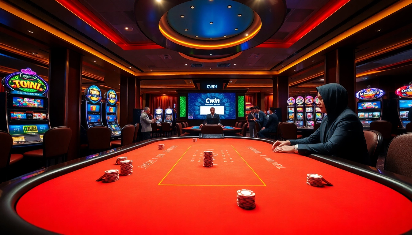 Cwin com đăng nhập at a luxurious casino table with vibrant slot machines and professional gameplay.