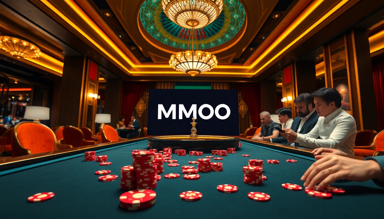 Experience thrilling gameplay with MMOO at a lavish casino table surrounded by vibrant poker chips.
