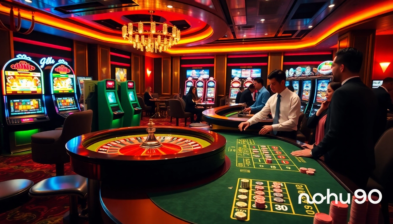 Players engaging in a thrilling casino experience at nohu90, featuring roulette and slot machines.