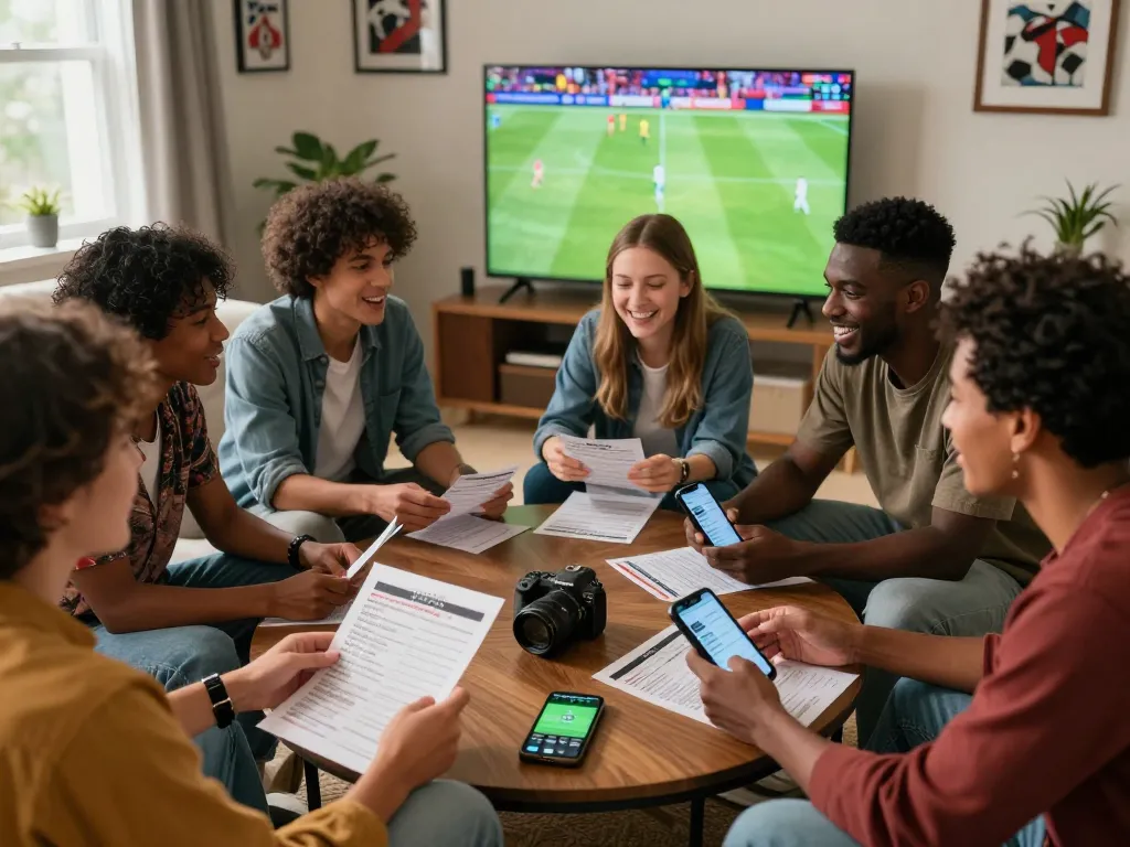 Friends enjoying kèo bóng đá trực tuyến while analyzing bets in a lively living room.