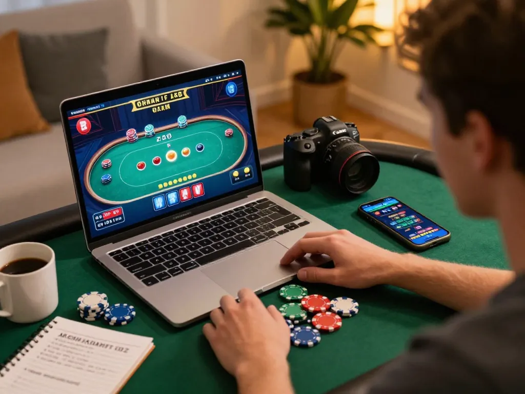 32win user enjoying online poker at home, laptop displaying live dealer game environment