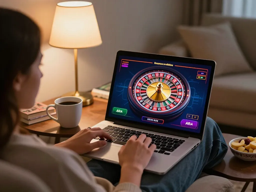 Engaging NK88 online casino scene with roulette wheel displayed on laptop, cozy home atmosphere.