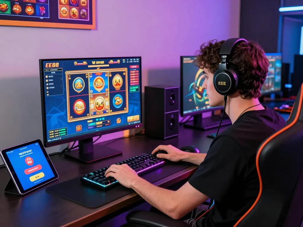 Player enjoying EE88 gaming with colorful slot games and modern setup