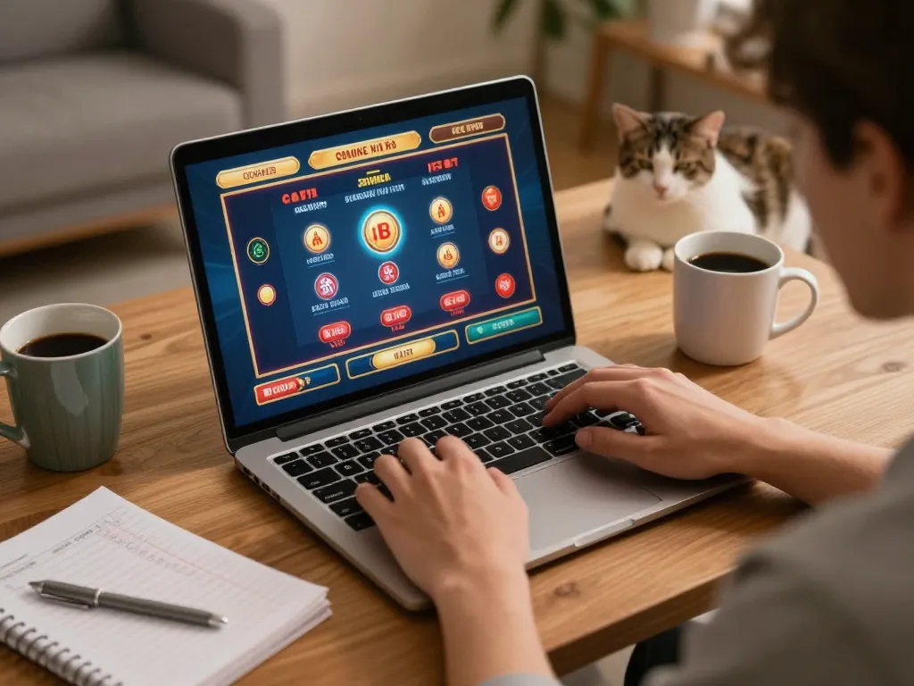 Player engaging in online casino games with 789club interface, maximizing winning strategies in a cozy home setup.