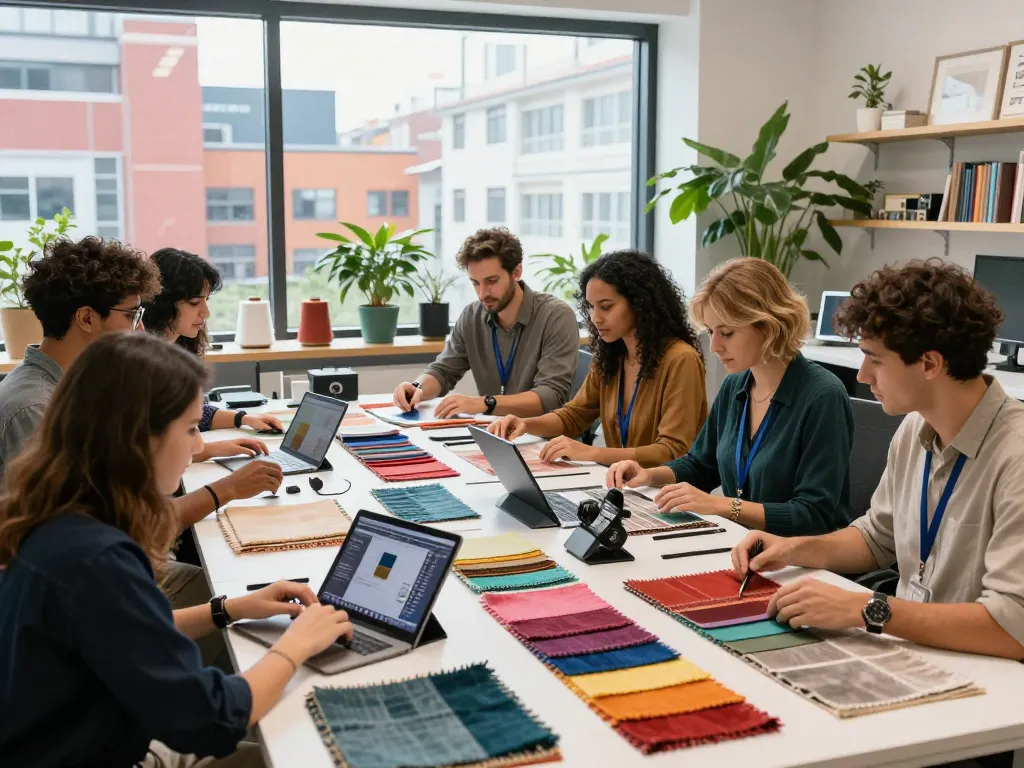Sunwin team collaborating on innovative textile designs with colorful samples in a modern workspace.