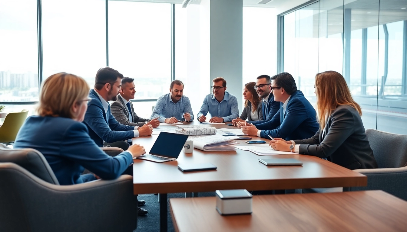 Construction association leaders collaborating in a bright meeting room.