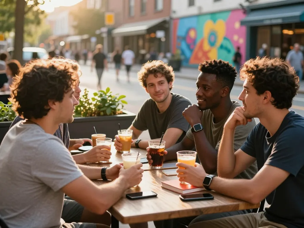 Manclub gathering of diverse men at café, fostering connection and friendship.