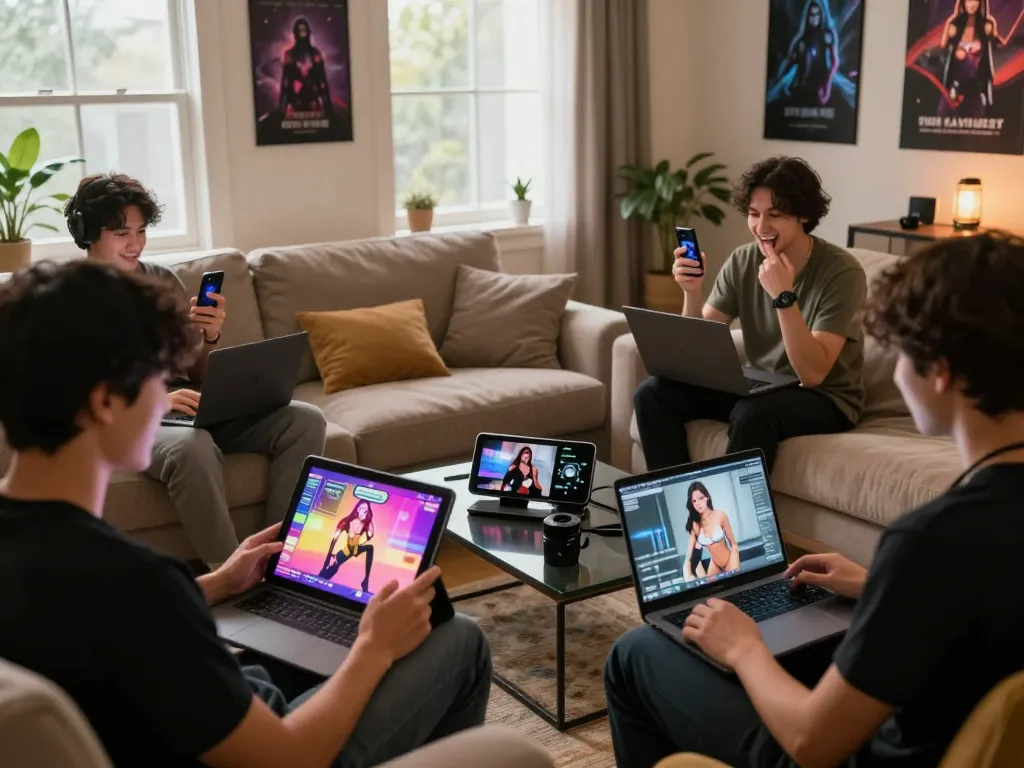 Engaged players enjoying sex games in a cozy living room setting with interactive 3D sex simulator.