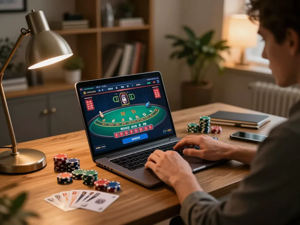 Engaging scene of a player enjoying sun win blackjack at a stylish home desk with casino chips.