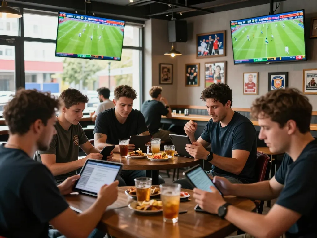 Live betting enthusiasts analyzing tỷ lệ kèo at a vibrant sports bar, capturing excitement and camaraderie.