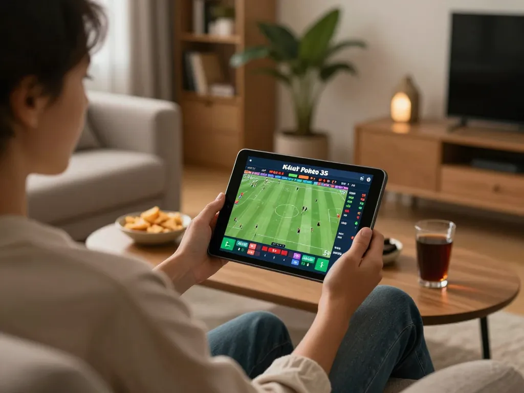 Sports bettor engaging in situs parlay strategies on tablet during live game.