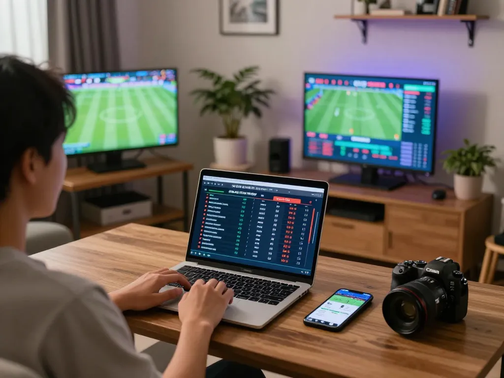 Engaging in kèo nhà cái hôm nay through an online betting setup at home, showcasing live odds on a laptop