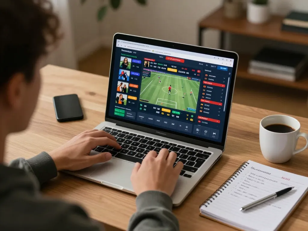 Engaging in online sports betting at home with nhà cái hbet, laptop showcasing betting options and strategies