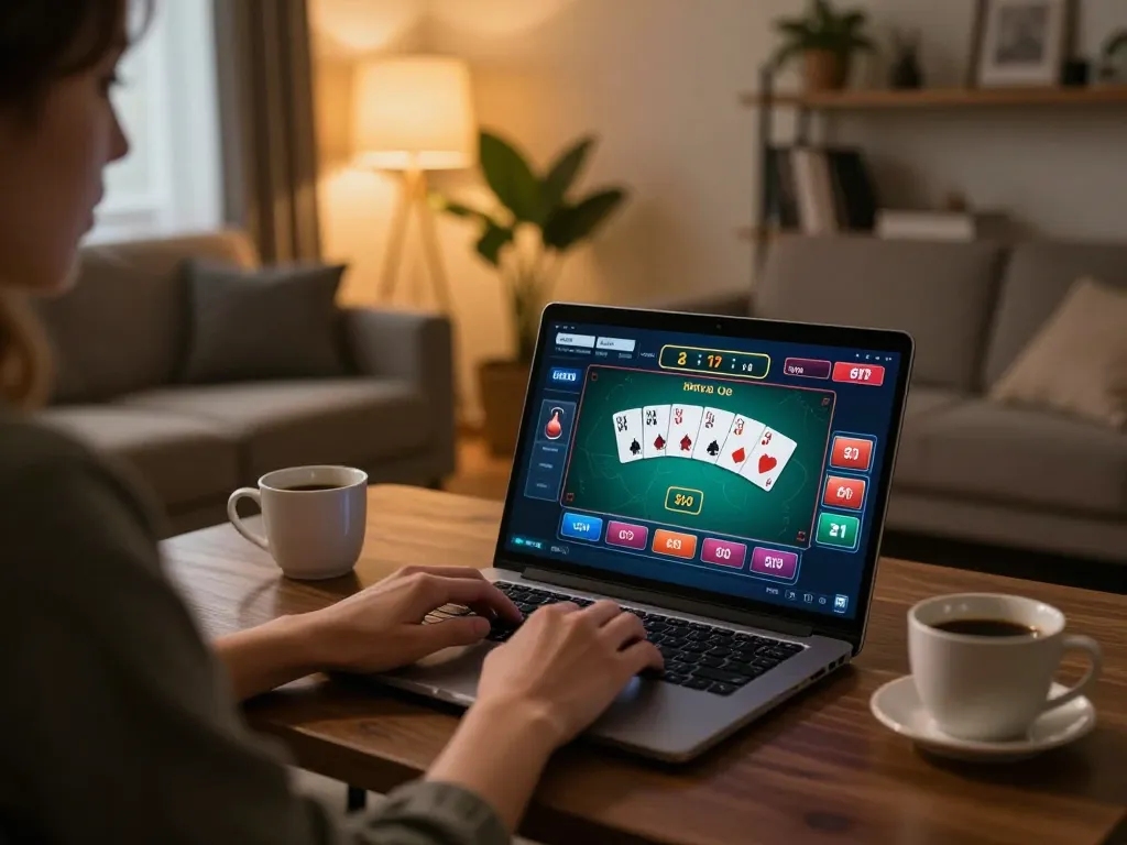 Engaging online casino gaming at https://ok904.com/ with laptop displaying poker interface and cozy room ambiance.
