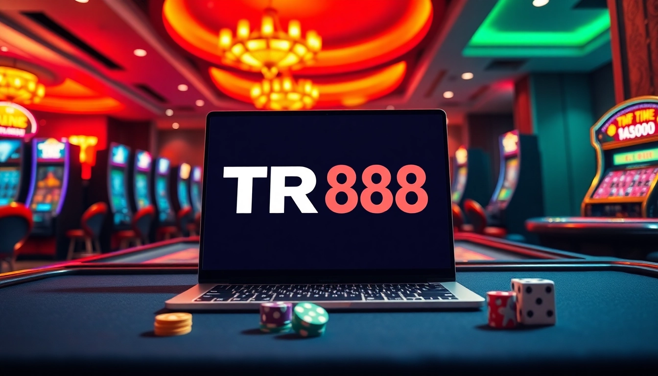 Engaging scene of TR88 trang chủ showcasing luxury online casino gaming with tables and vibrant slot machines.