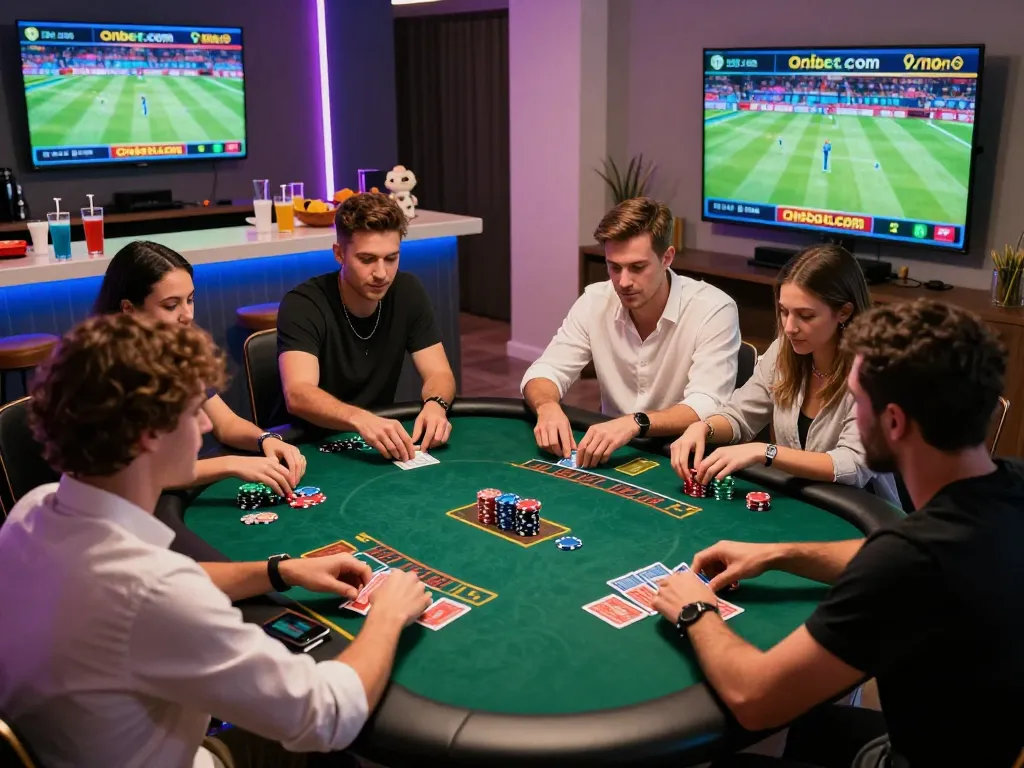 Exciting gaming scene with friends engaged in casino games, showcasing Onbet.com betting options.