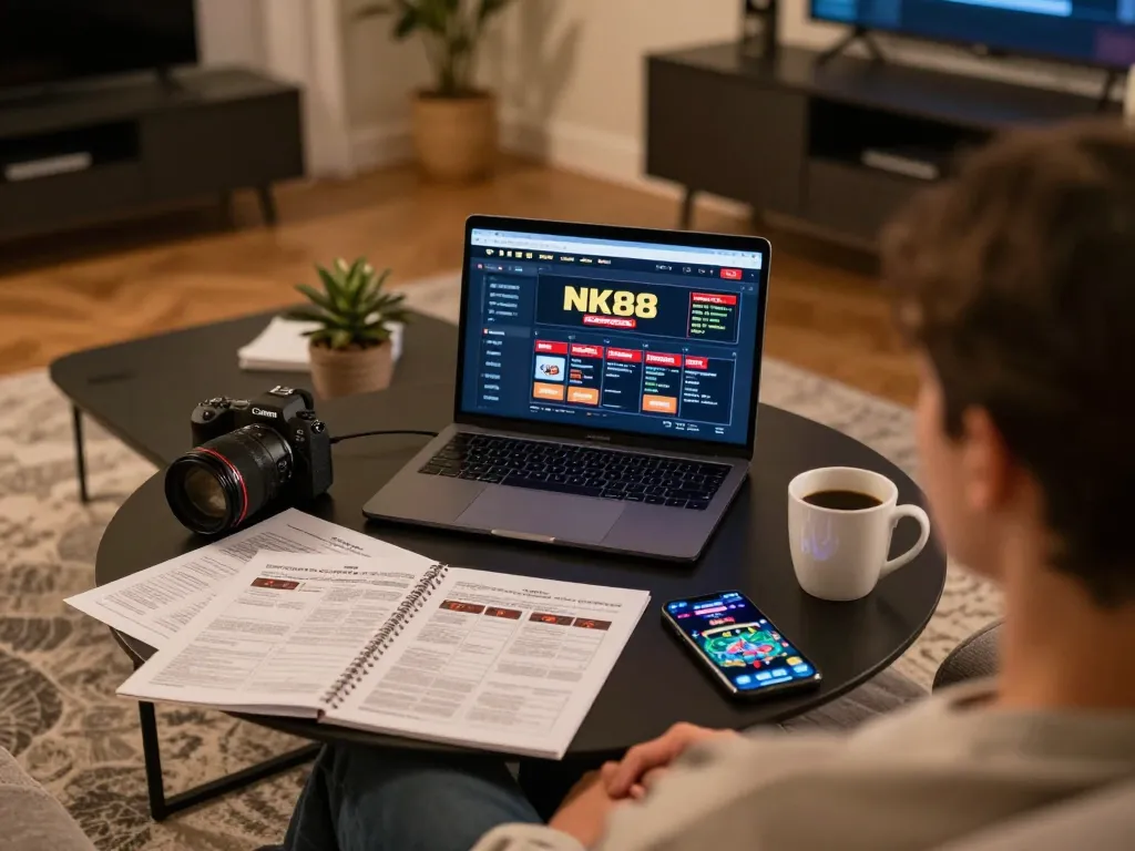 Engaging online gaming experience at home with NK88 casino interface displayed on a laptop, highlighting player strategy.
