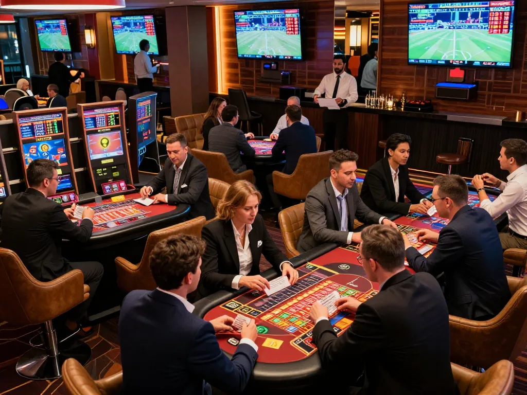 Engaging scene of sports betting with kèo nhà cái hôm nay displayed prominently, lively patrons analyzing odds and making strategic decisions.