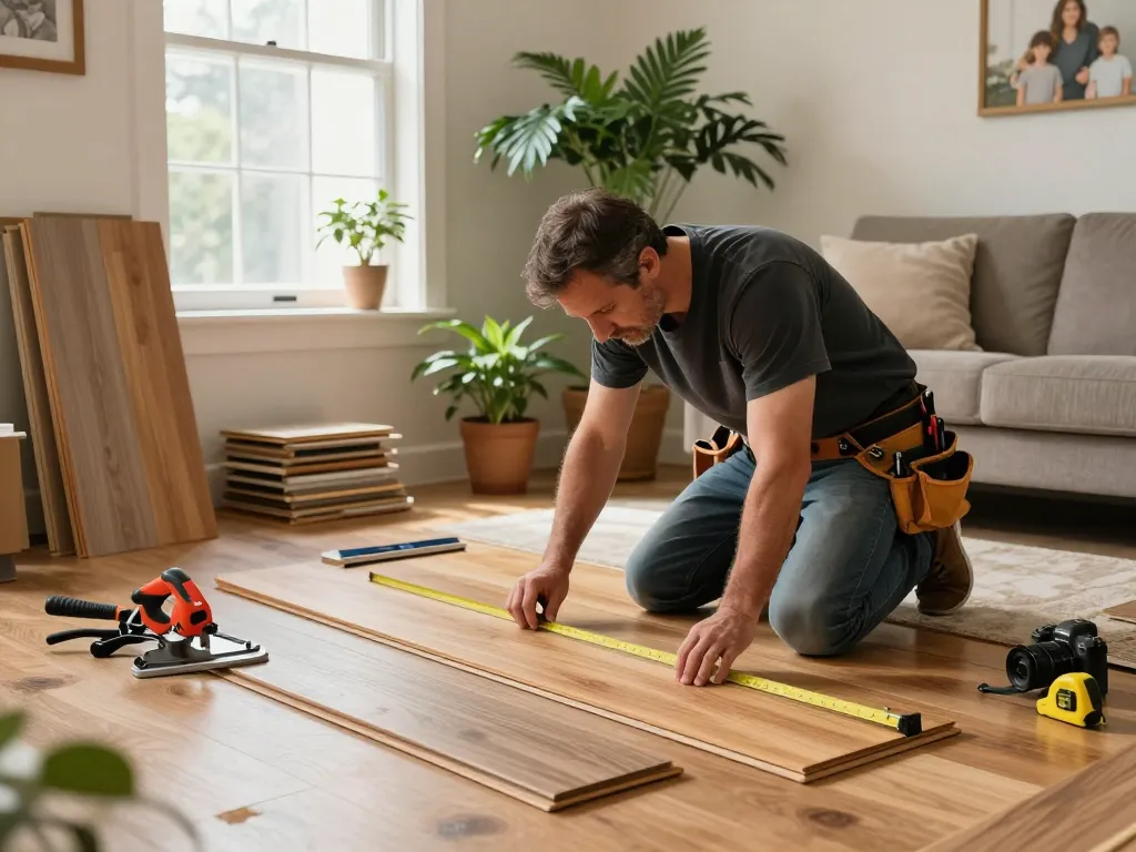 Flooring specialists near me installing hardwood flooring in a cozy living room.