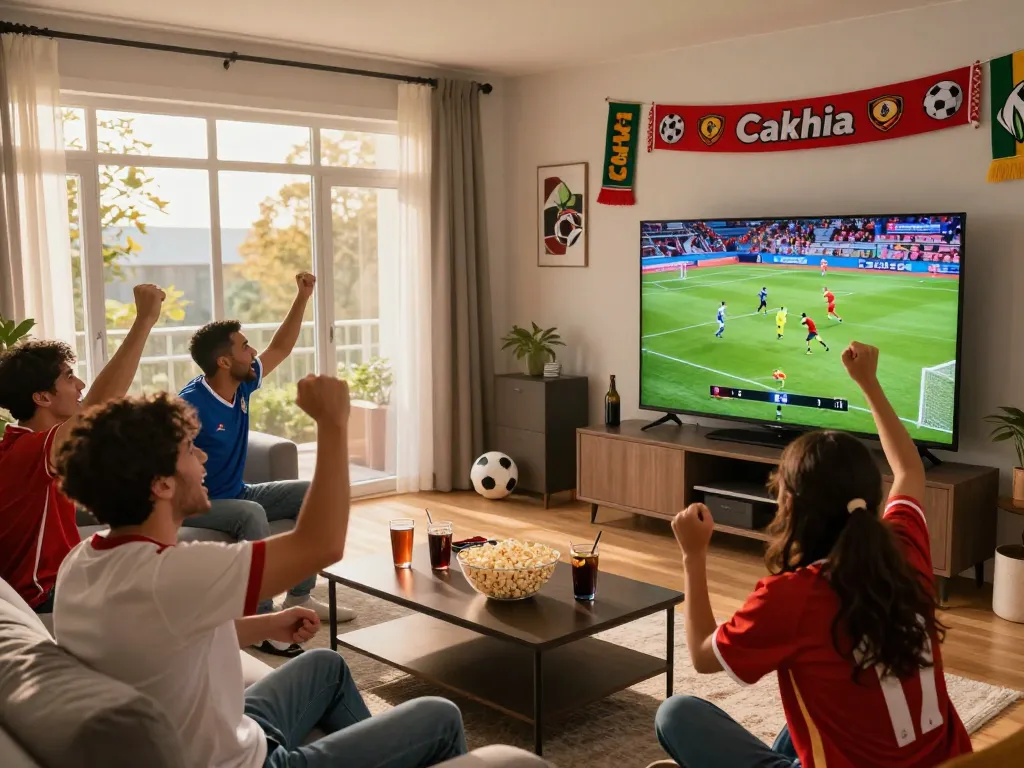 Cakhia TV football match viewing with friends celebrating exciting moments.