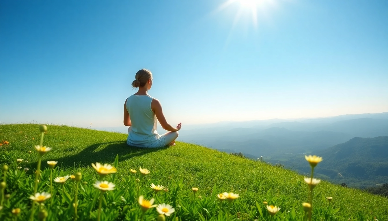 Meditating figure on tranquil hilltop symbolizes mental wellness and serenity.