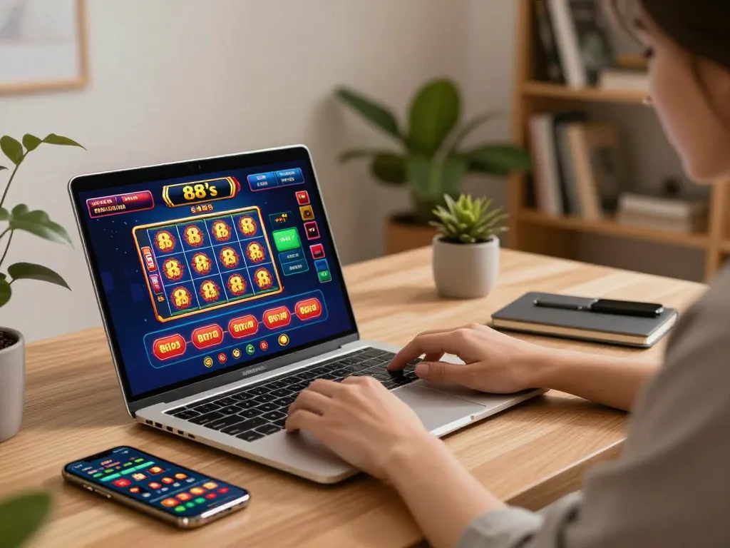 Engage with fun 88's exciting online casino games on a sleek laptop in a cozy home office setting