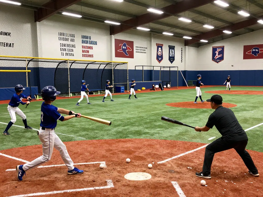 Hitclub baseball training scene with athletes practicing in a vibrant facility