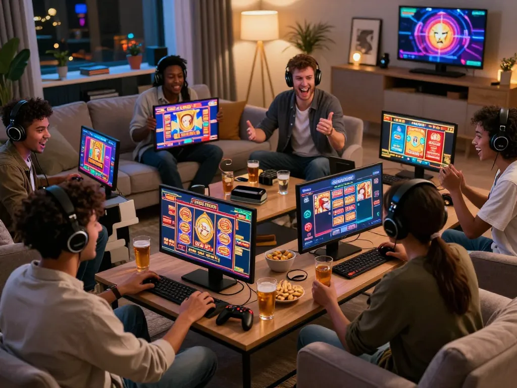 Friends enjoying gem88 online gaming platform together in a cozy living room, showcasing excitement and joy.