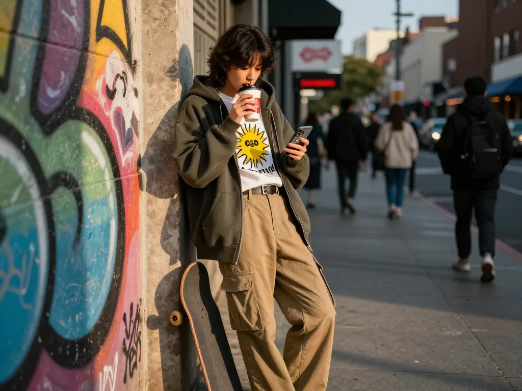 Stylish individual in a sunwin hoodie enjoying urban lifestyle, sipping coffee in afternoon light.