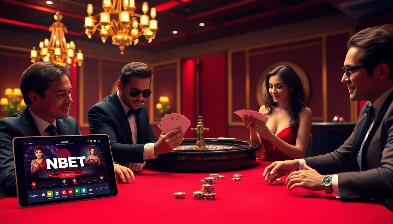 Experience excitement at the NBET casino with players enjoying poker and roulette games.