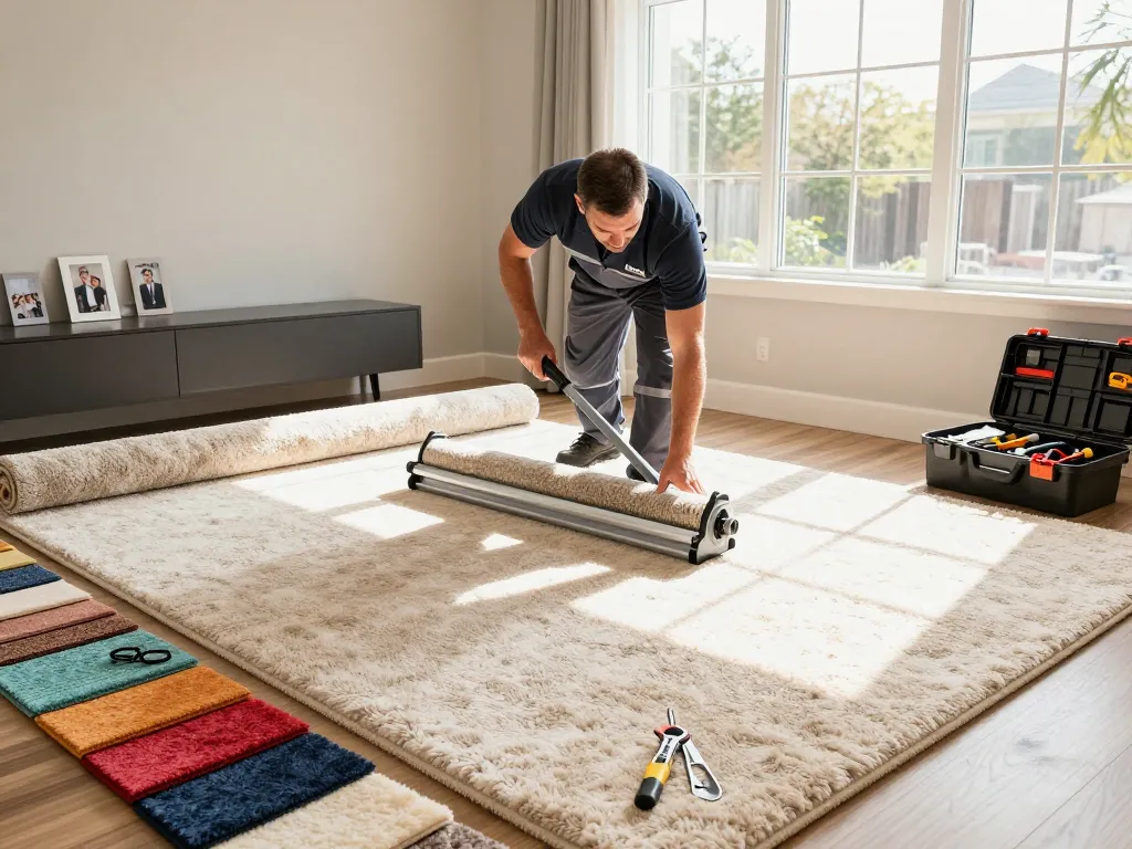 Residential carpet installation process in a bright living room with an installer using specialized tools.