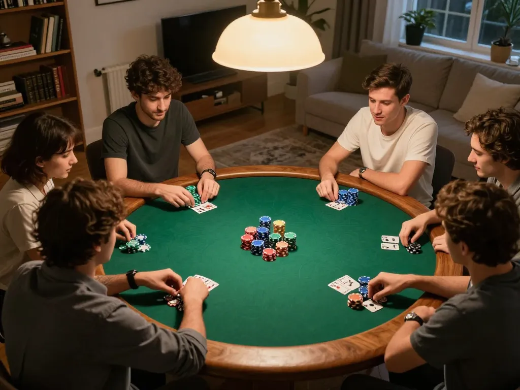 Net88 players enjoying a strategic home poker night with friends, chips stacked and cards dealt, warm ambiance.