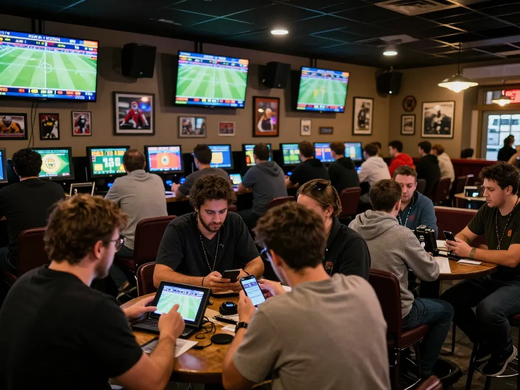 Kèo Nhà Cái enthusiasts actively placing bets in a vibrant sports betting venue, showcasing the excitement of live events