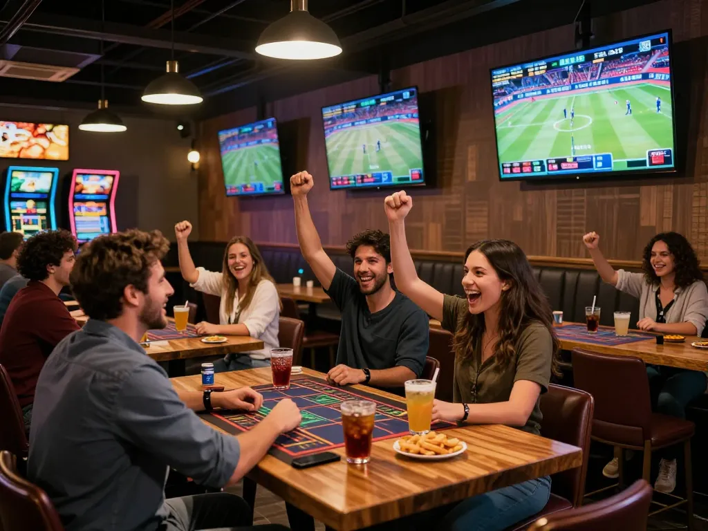 Engaged sports bettors enjoying live events at 8live sports bar.