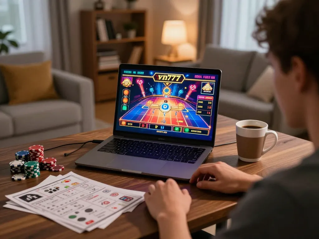 Engaged player enjoying slot games on vin777 with vibrant laptop interface and cozy home setup.