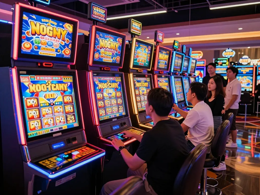 Players engaging with colorful nổ hũ slot machines in a vibrant casino atmosphere, showcasing excitement and strategy
