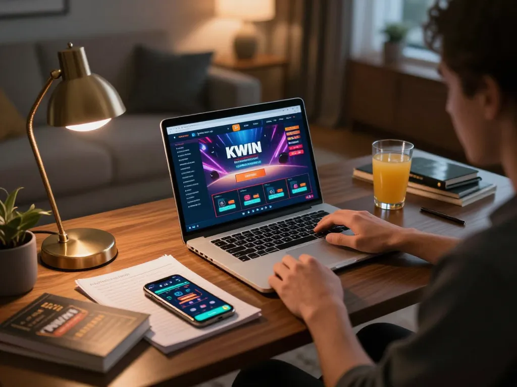 Engaging in strategic betting on KWIN's online gaming platform in a cozy home setting