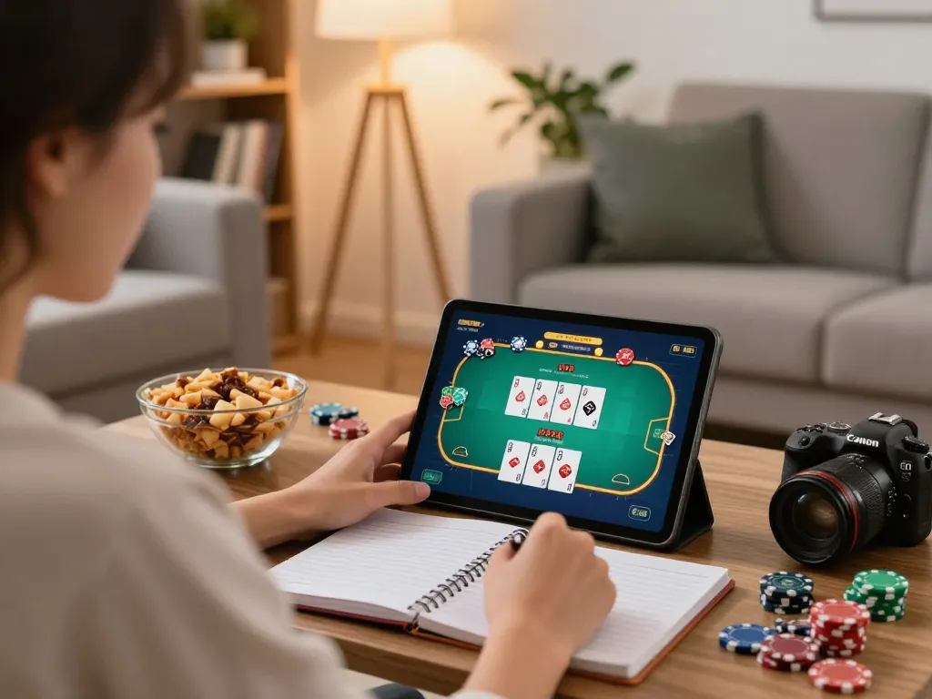 Twiin68 player enjoying online poker on tablet with betting strategies in cozy living room.