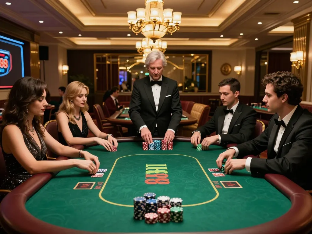 Players engaging in a high-stakes poker game at HI88 casino, showcasing strategy and excitement in a luxurious setting.
