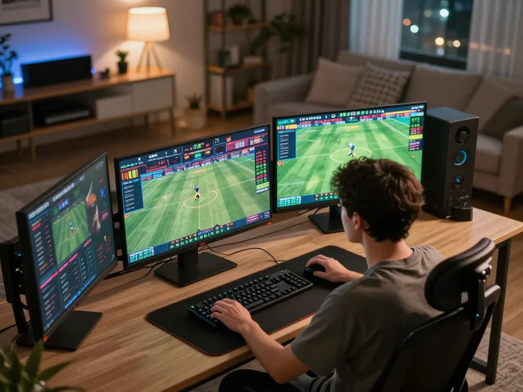 mu88 user actively betting on live sports with multiple screens in a dynamic home setup