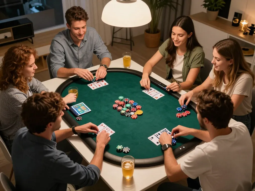 Friends strategizing while playing poker online at Jun88, showcasing competitive gameplay atmosphere.