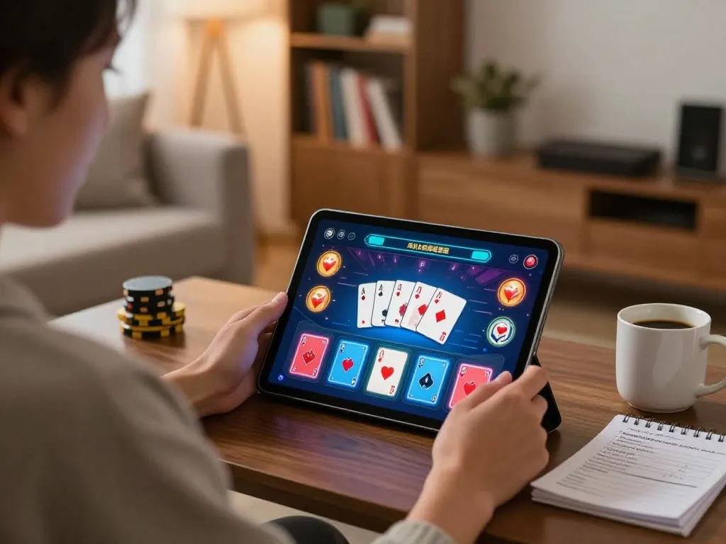 Sumclub online gaming scene with a player engaging in strategic card gameplay on a tablet.