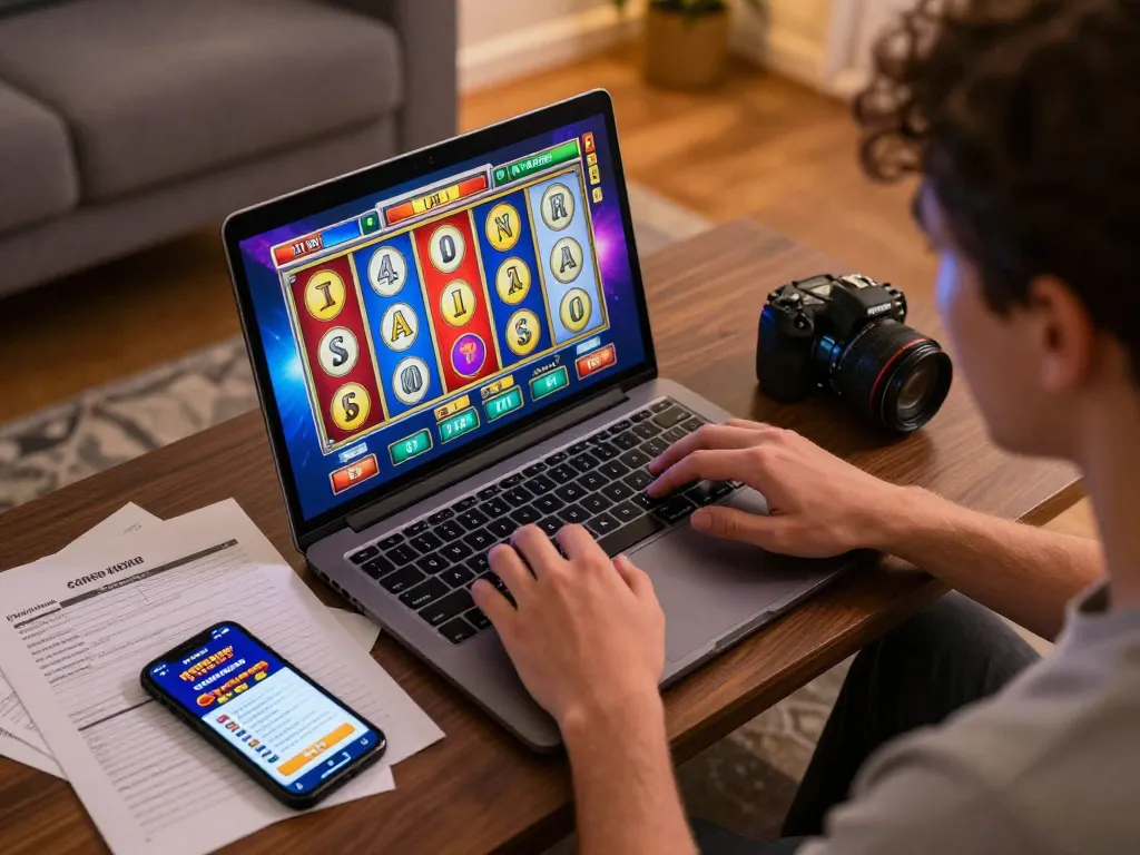 Engaging online gameplay with NOHU90 COM on laptop, showcasing slots and strategy notes.
