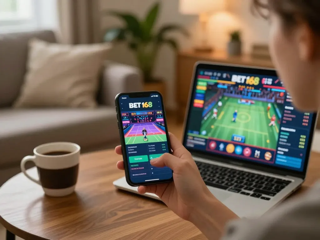 Enjoying the BET 168 casino app experience on a smartphone in a cozy home.