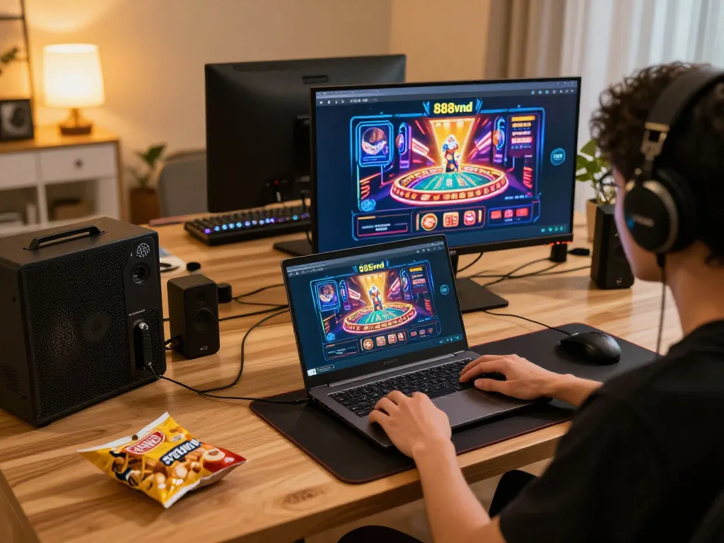 Player enjoying 888vnd casino games on a laptop in a cozy home office setting.