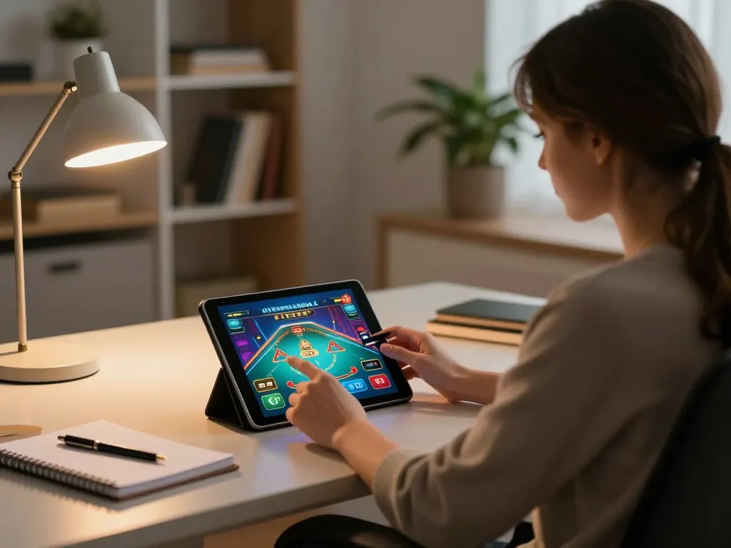 Kuwin player enjoying a tablet casino game, showcasing a strategic gaming setup.