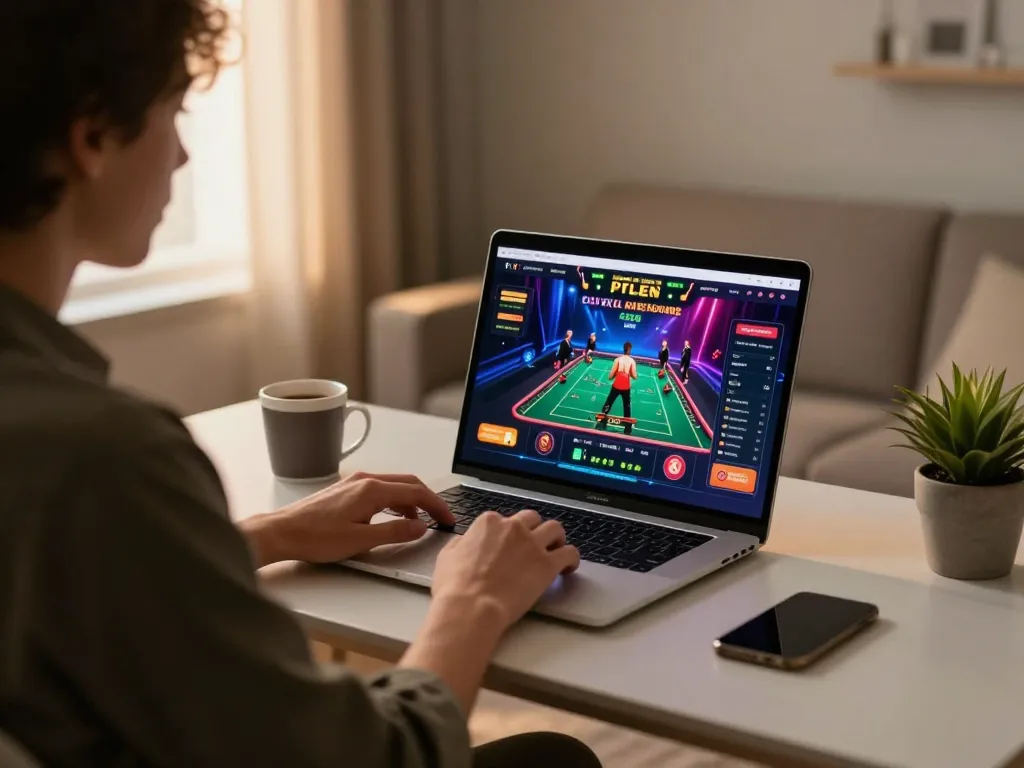 Player engaged in online gaming on gmnc platform in a stylish home office setting.
