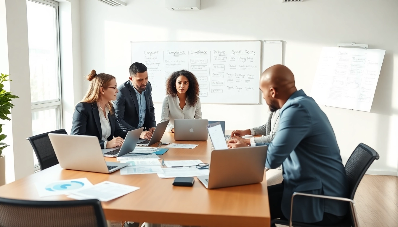 Engagement of compliance professionals addressing pre-post award compliance strategies in a modern office.